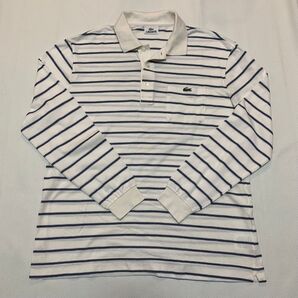 【美品】日本製 ラコステ 長袖 ボーダー ポロシャツ オフ ホワイト 5 鹿の子