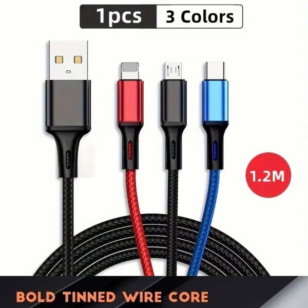 1本 3色 3in1 充電ケーブル 1.2mナイロン編みストレッチ iPhone Type-C Android Micro USB
