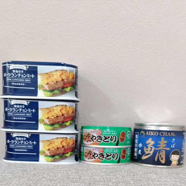 富永食品 ランチョンミート 3缶 キョクヨー やきとり塩味 2缶 伊藤食品 あいこちゃん鯖水煮缶食塩不使用 1缶 賞味期限間近