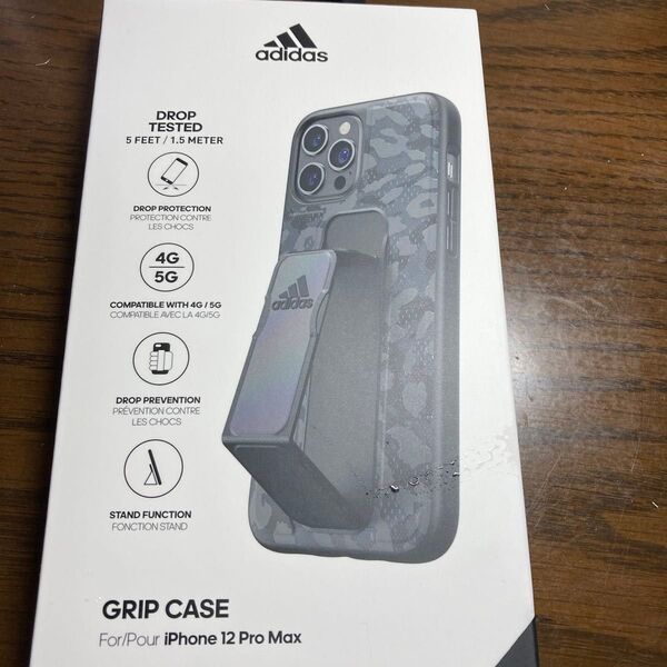 adidas iPhone 12 Pro Max ケース グリップバンド付き スマホケース レオパード ブラック黒 xグレー