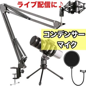 コンデンサーマイク 三脚スタンド PCマイク ポップガード付 アームスタンド コンデンサーマイク