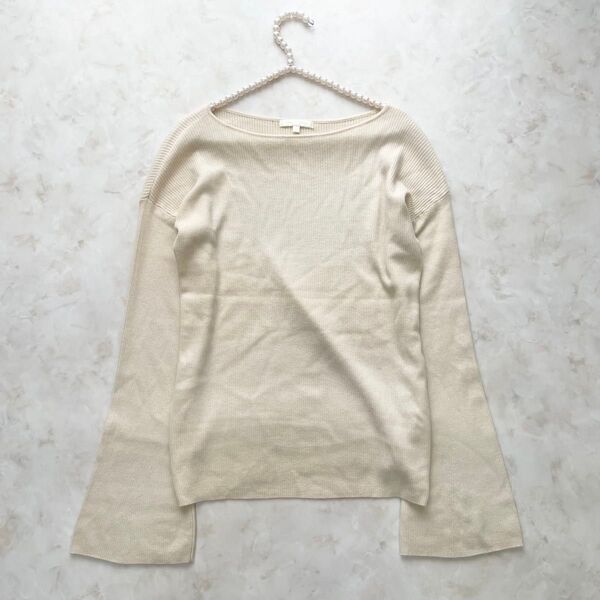 美品 Drawing Numbers ドローイングナンバーズ カシミヤ100% リブニット ボートネック フレア袖 38 ホワイト