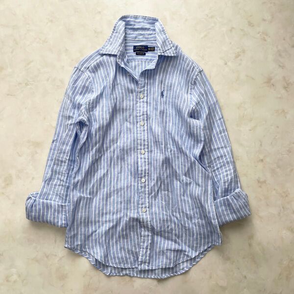 近年美品 Polo Ralph Lauren ラルフローレン リネンシャツ ストライプ リラックスフィット ポニー XS〜S