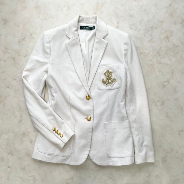Lauren Ralph Lauren ローレンラルフローレン テーラードジャケット ロゴ刺繍ワッペン ホワイト 金ボタン S~M