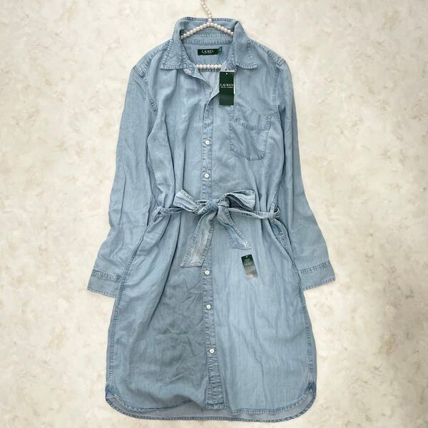 【XL新品未使用】LAUREN RALPH LAUREN ローレンラルフローレン デニムシャツワンピース リボンベルト 長袖 14
