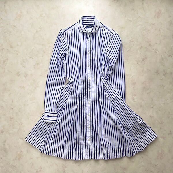 【未使用級】POLO RALPH LAUREN ポロラルフローレン ストライプシャツワンピース Aライン フレア ロゴ刺繍 XS