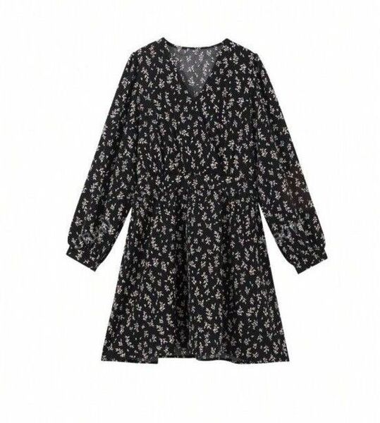 SHEIN 小花柄サープリスネックラインドレス ワンピース 長袖 M 花柄 黒