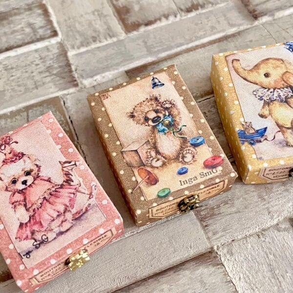 ミニチュアボタン箱 くまさん 3個セット アンティーク ドールハウス