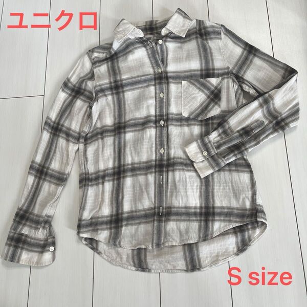 ユニクロ チェックシャツ Sサイズ ホワイト×グレー レディース UNIQLO ネルシャツ 長袖 シャツ