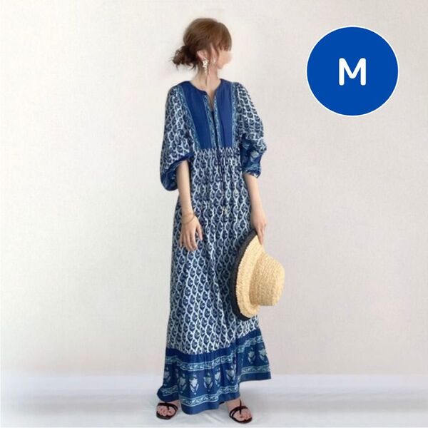 M ワンピース エスニック ブルー 青 夏 長袖 かわいい ロングワンピース 長袖ワンピース