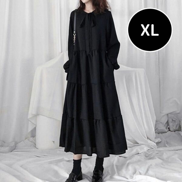 XL ロング ワンピース 黒 ブラック リボン マタニティー ミモレ丈 Aライン ゆったり シャツワンピース 長袖