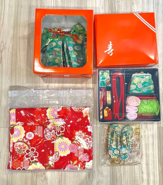 七五三 着物 7歳 フルセット 赤 緑