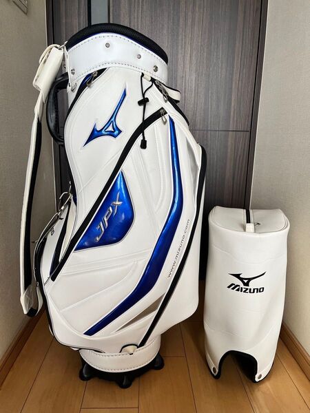 超美品ミズノ ゴルフ MIZUNO JPX カート式キャディバッグ 9.5型 メンズ ツアースタイル 白青 ホワイト×ブルー