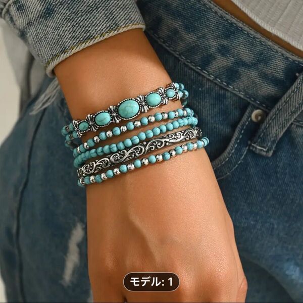 ブレスレット 5個セット ターコイズ風 シルバー ブルー レディース