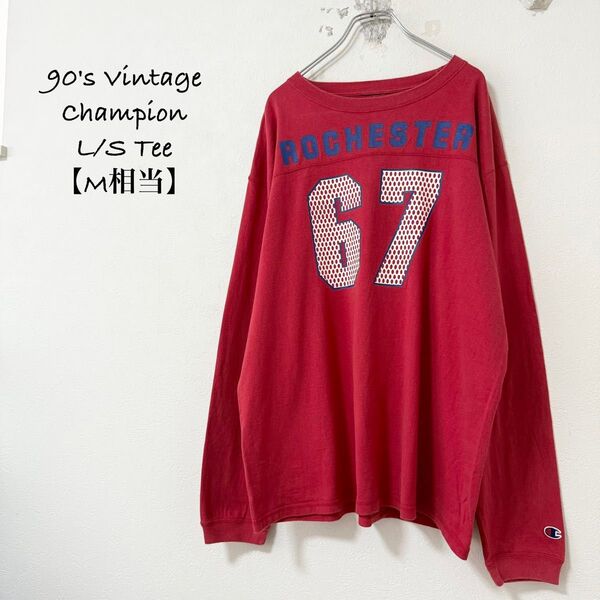 90s★Champion/チャンピオン★長袖Tシャツ★ロンT★Red×Blue×White/赤青白★Dot/ドット★M