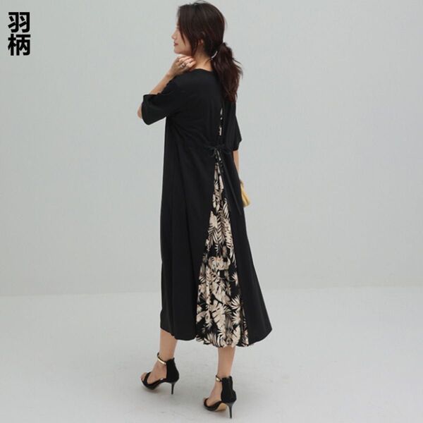 ロングワンピース レディース 半袖 クルーネック フリーサイズ ウエストリボン 体型カバー 着痩せ 上品 ゆったり おしゃれ