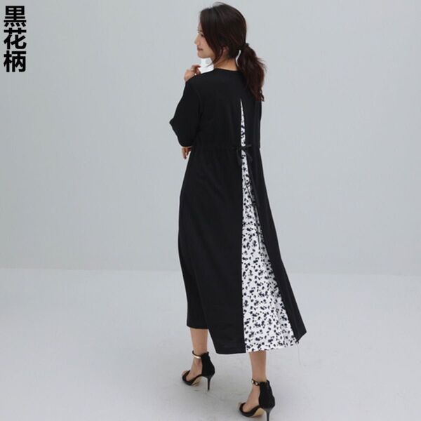 ロングワンピース レディース 半袖 クルーネック フリーサイズ ウエストリボン 体型カバー 着痩せ 上品 ゆったり おしゃれ