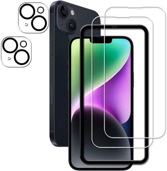 iPhone14 Plus ガラスフィルム (2枚) + カメラフィルム (2枚) 全面保護 強化ガラス