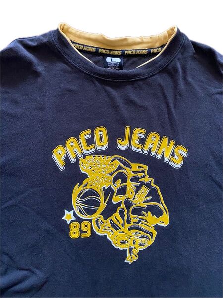 【激レア】90s Y2K PACO JEANS パコジーンズ Tシャツ ネイビー×イエロー 刺繍ロゴ Lサイズ