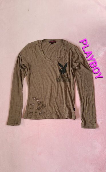 PLAYBOY ロンT レア ダメージ平成ギャル 00s y2k ヴィンテージ カットソー コットン