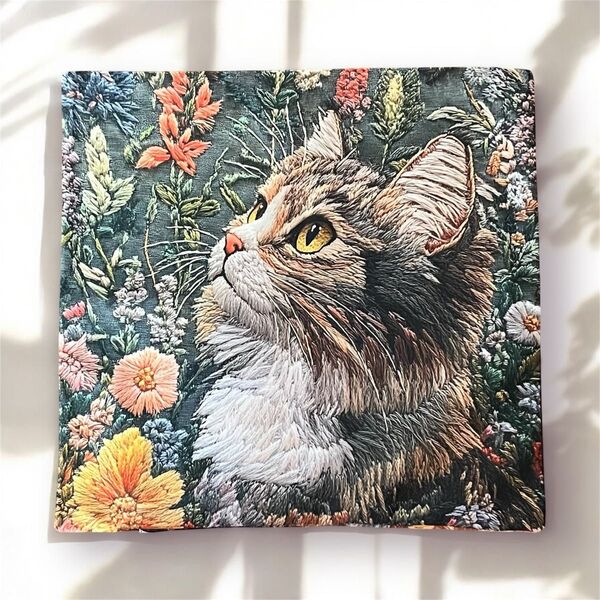 【ラスト1点】猫 花柄 クッションカバー 両面プリント 刺繍風 インテリア お洒落 猫雑貨 45cm×45cm プレゼント