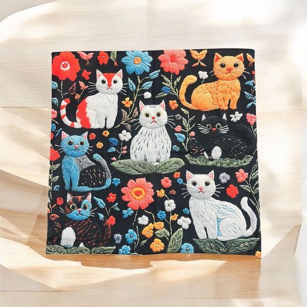 【ラスト1点 】猫 花柄 クッションカバー 両面プリント 45cm×45cm インテリア 猫雑貨 お洒落 刺繍風 可愛い