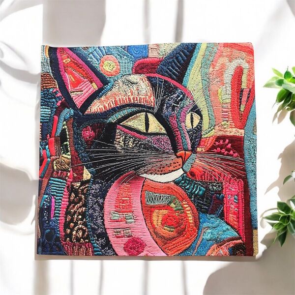 【ラスト1点】 猫 刺繍風 クッションカバー 両面プリント 45cm×45cm インテリア 猫雑貨 お洒落 可愛い