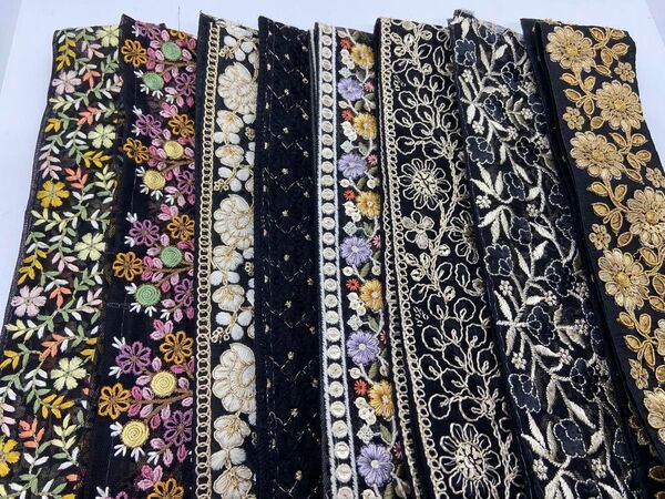 インド刺繍リボン インド刺繍 各約1m 8本セット 合計約8m ハンドメイド 手芸 パーツ アソート モノトーン 黒 ブラック