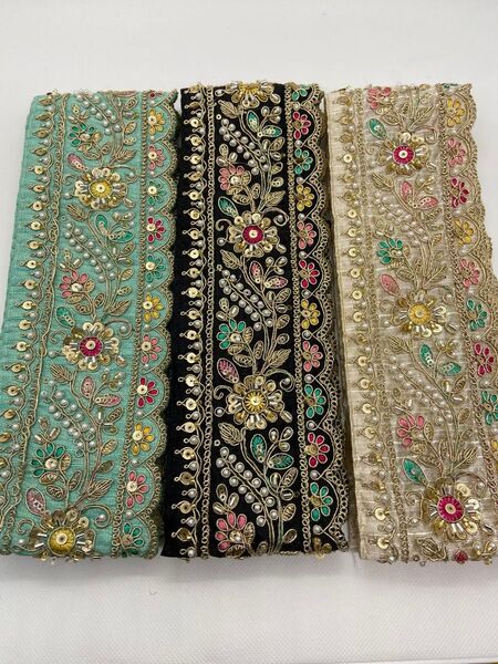 インド刺繍リボン インド刺繍 約1m 3本セット 合計約3m ハンドメイド 手芸 パーツ ビーズ ビーズ刺繍