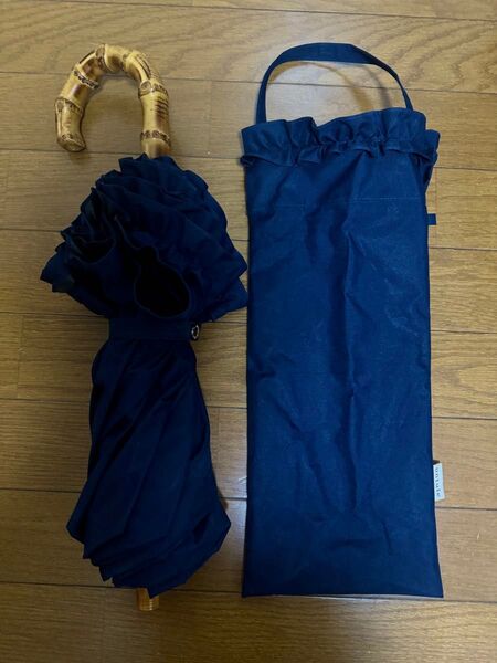 untule 2段EASY 折りたたみ日傘(50cm)フリル ネイビー 晴雨兼用 傘 遮光 UV