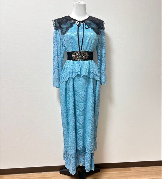 値下げ◎vintage ヴィンテージ 古着 70~80s 水色 レース 長袖ワンピース 結婚式ドレス お呼ばれドレス フォーマル