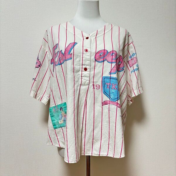 値下げ◎vintage 古着 90s 90年代 ピンク ストライプ ゲームシャツ 半袖シャツ ベースボールシャツ 手描き ペイント