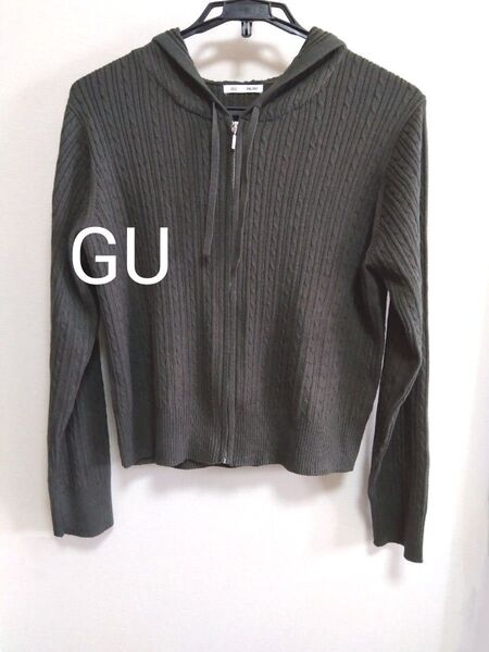 GU ケーブルフルジップパーカ 長袖ニット ニット オリーブ XXL