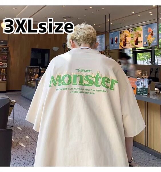 メンズ Tシャツ 3XL 4L 半袖 夏服 オーバーサイズ バックプリント ストリート ベージュ クリーム 大きいサイズ