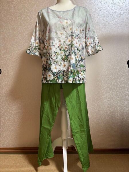 女性用春夏 カジュアル花柄プリント半袖トップ&ルーズワイドレッグパンツ -グリーン-(ウエストゴム付き)