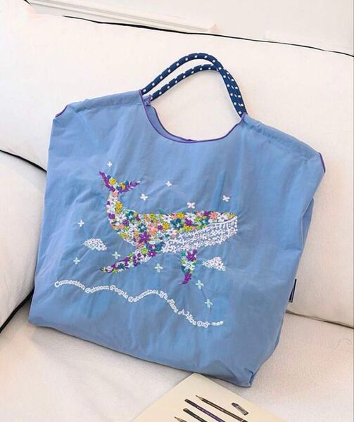 クジラ刺繍バッグ ブルー エコバッグ トートバッグ