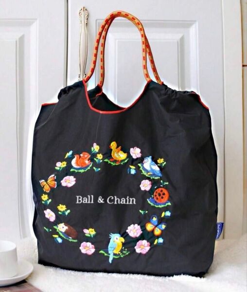 アヒル フラワー柄刺繍バッグ エコバッグ トートバッグ
