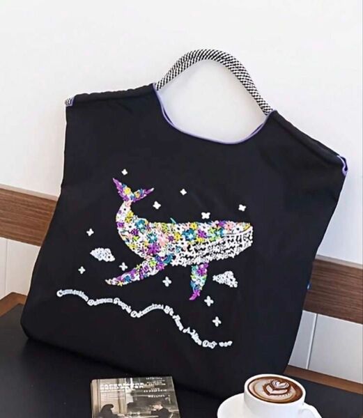 クジラ刺繍バッグ ブラック エコバッグ トートバッグ