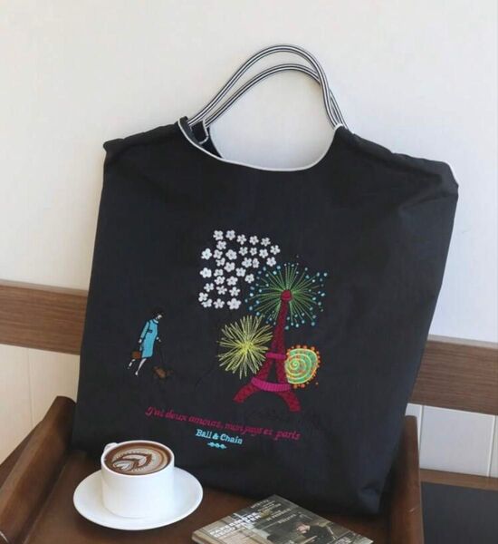 エッフェル塔 花 刺繍エコバッグ フランス 刺繍バッグ ブラック