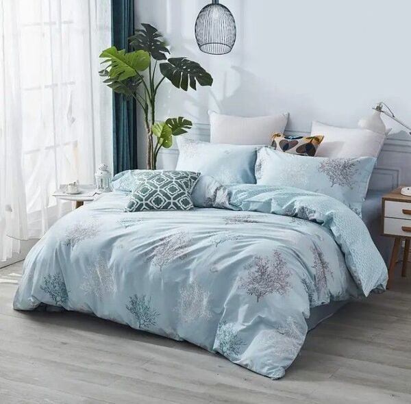 最高級新品★海に抱かれて眠るオーシャンブルー貝殻と珊瑚の柄 綿100%シングルカバー掛け布団カバー1枚と枕カバー2枚の3点セット