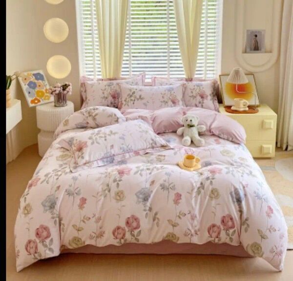 新品★優雅な薔薇フロックス柄 綿100%シングル掛け布団カバーと枕カバー3点セット