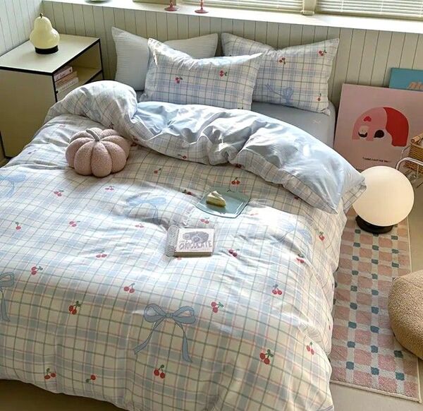 新品★可愛いさくらんぼとパステルチェック綿100%シングル掛け布団カバー枕カバー3点セット シングル