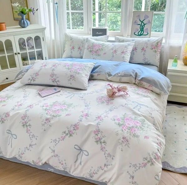 月末セール!新品★薔薇とブルーリボンのメダリアン文様綿100%シングル掛け布団カバー枕カバー 掛け布団 布団カバー