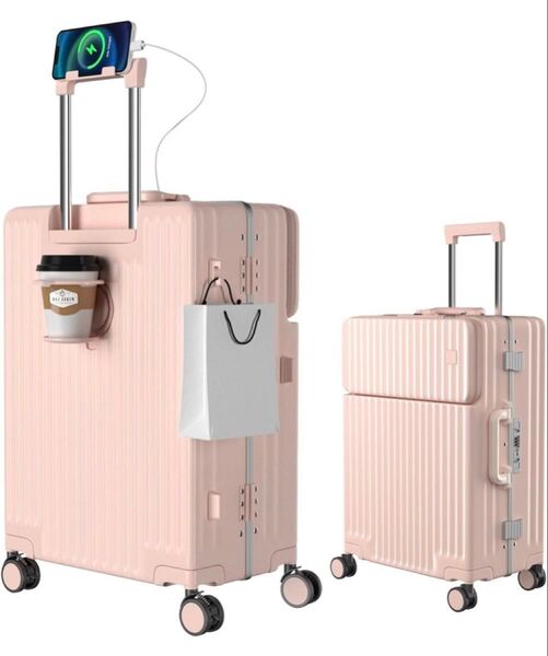 スーツケース 多機能フロントオープン キャリーケース ストッパー付き 機内持ち込み キャリーバッグ 携帯スタンド