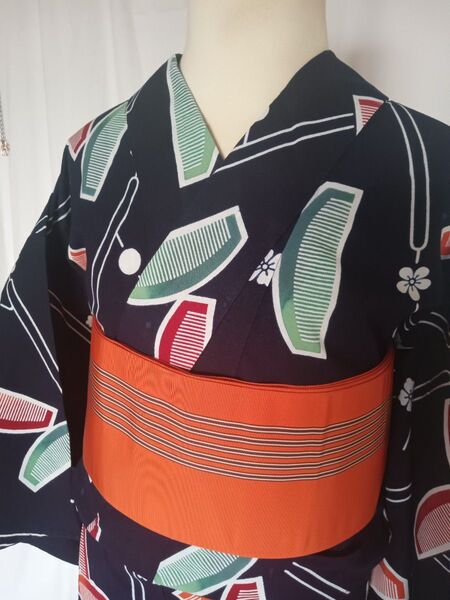 浴衣 紺色 櫛とかんざし柄 綿 三越 身丈152cm 25E-35