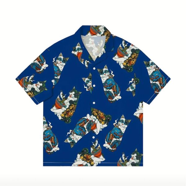 半袖 猫柄 浮世絵 総柄 プリント シャツ ブルー JP-Lサイズ