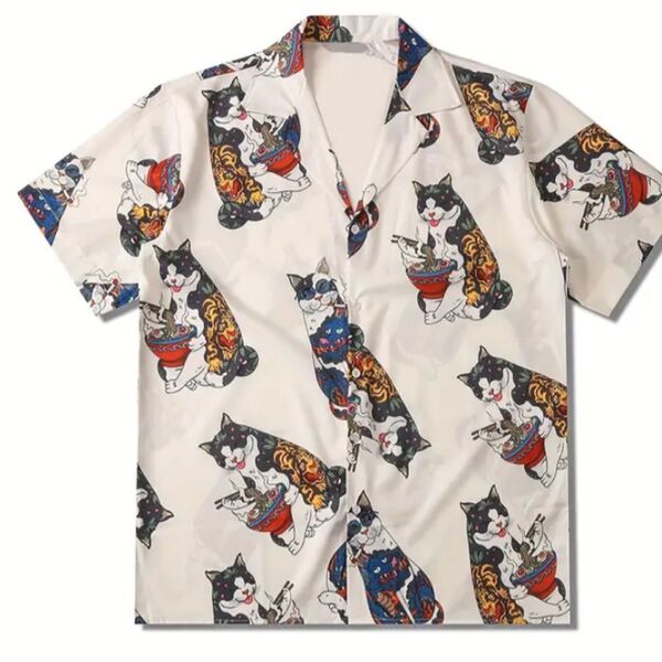 半袖 猫柄 浮世絵 総柄 プリント シャツ アプリコット L(JP-XL)