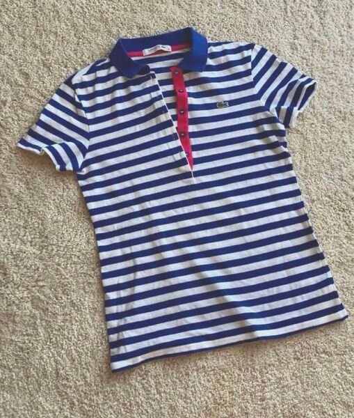 ラコステ LACOSTE 半袖ポロシャツ 36 青白ストライプ ゴルフウェア 美品