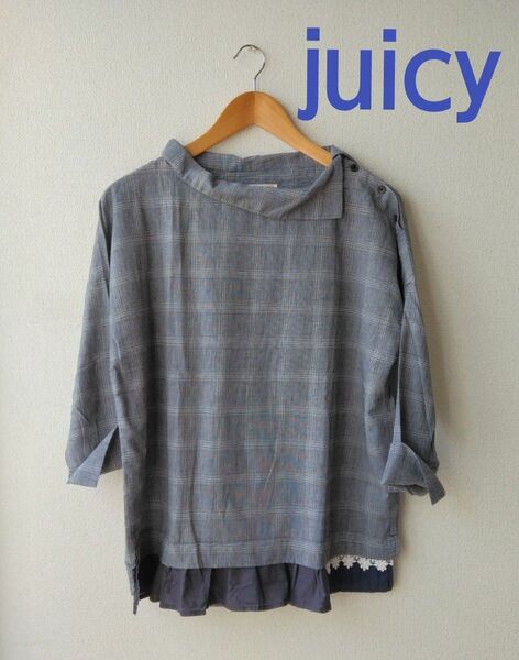 juicy ジューシー ブラウス シャツ チェック柄 グレー 裾レース 折り返し衿 7分袖 Mサイズ 新品 未使用