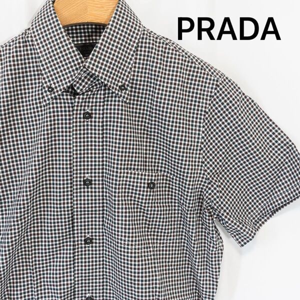 ☆極美品☆ PRADA プラダ 半袖シャツ チェック柄 デザイン襟 黒タグ メンズ